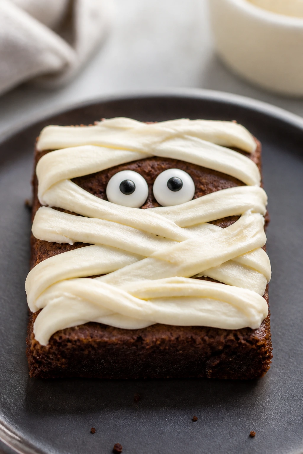 Brownie mummy square with frosting bandages and candy eyes on a plate