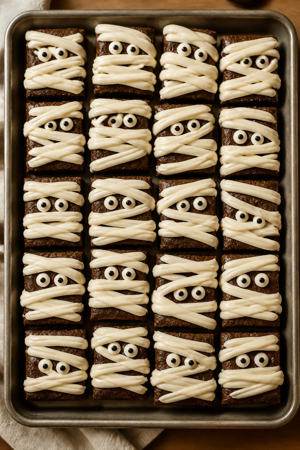 Top-down tray of brownie mummies ready to serve