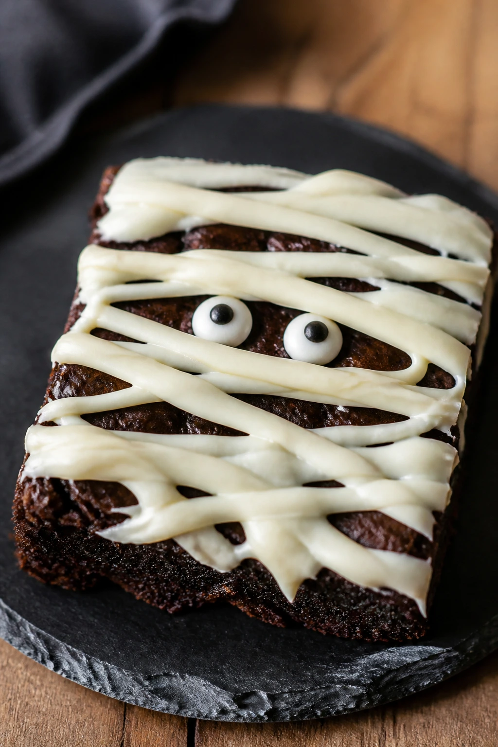 Close-up of a fudgy brownie with uneven white chocolate bandages and candy eyes