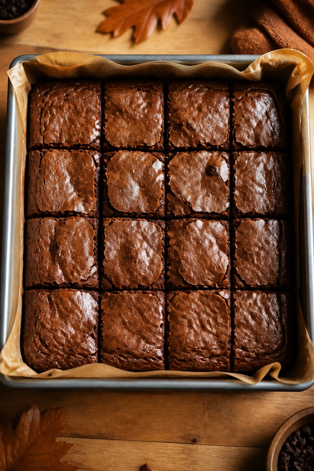 Top-down brownie pan filled with fudgy brownies