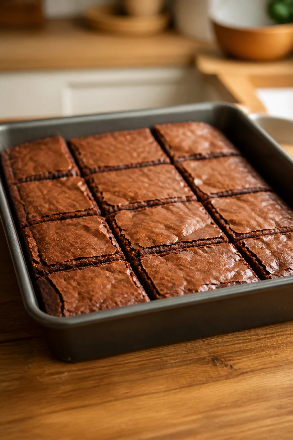 Fudgy brownies in a 9x13 pan on a wooden counter