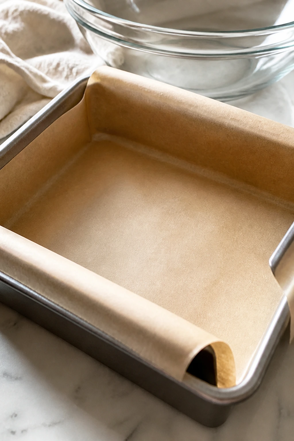 8x8 metal brownie pan with parchment overhang on a bright counter