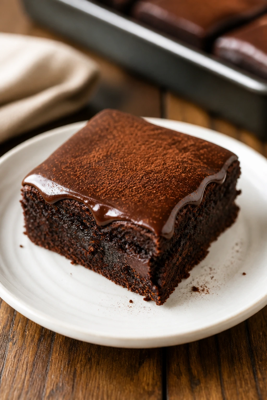 Brownie square on a white plate with glossy ganache and cocoa dusting.