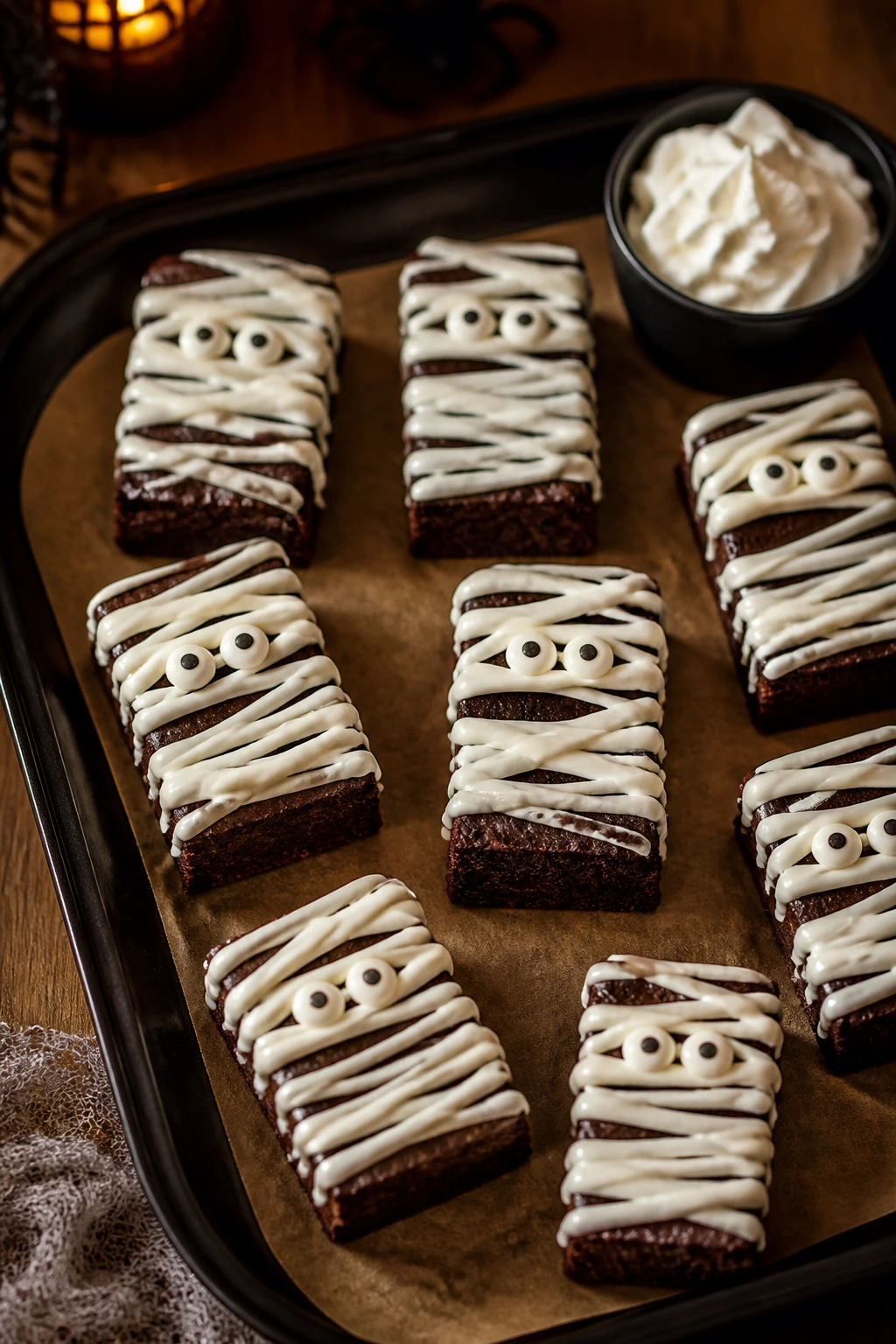 Brownie mummies arranged on a dark platter ready for a Halloween table