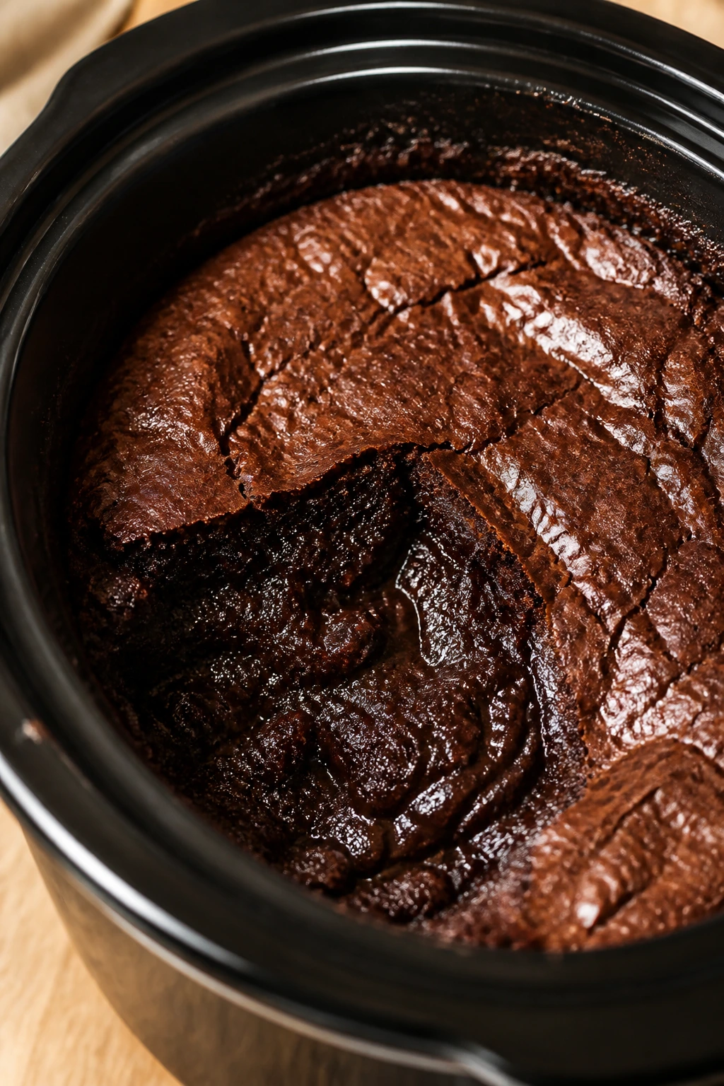 Close-up of brownie pudding in a slow cooker insert