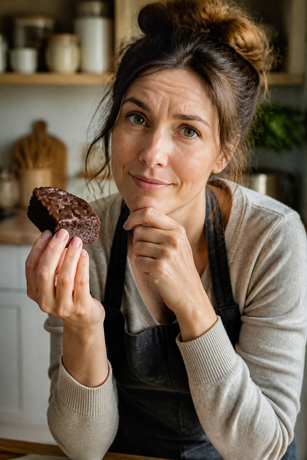 Portrait of a home cook in a kitchen holding a brownie