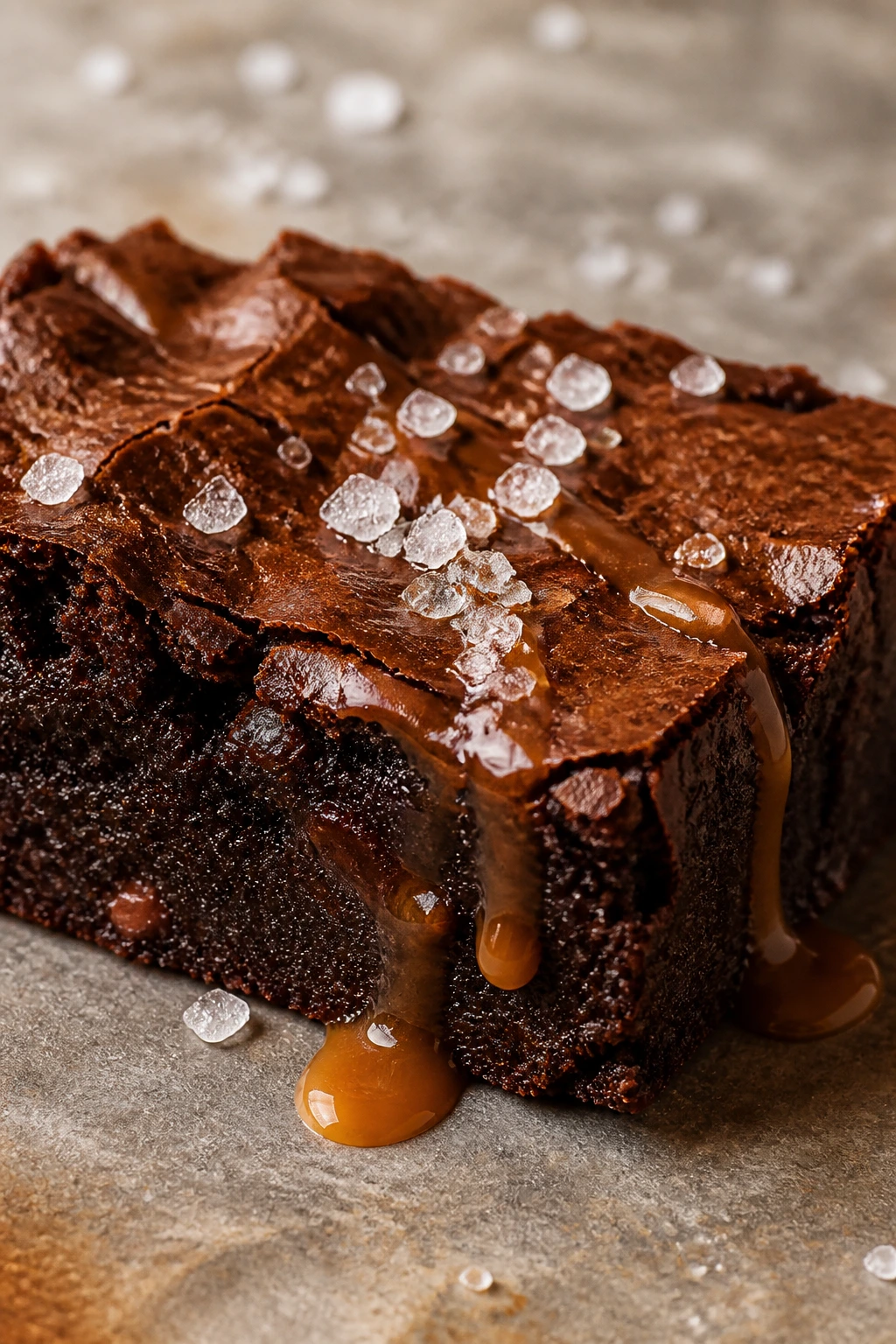 Brownie with flaky salt and caramel drizzle highlighting flavor boosters.
