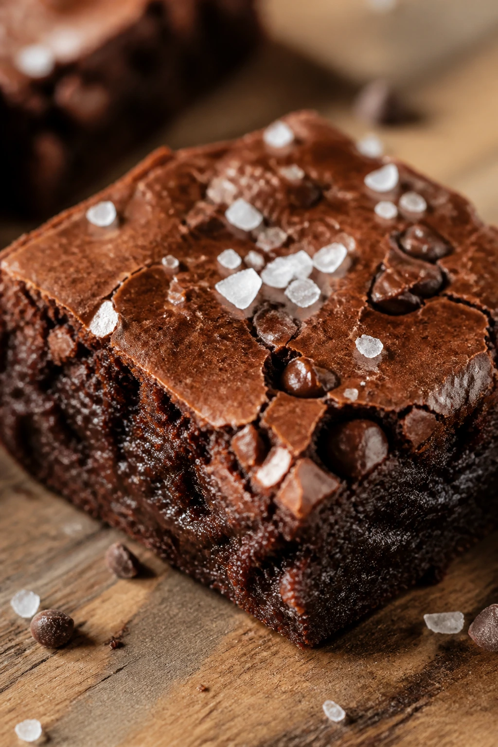 Close-up of a fudgy brownie square with flaky salt on a wooden counter