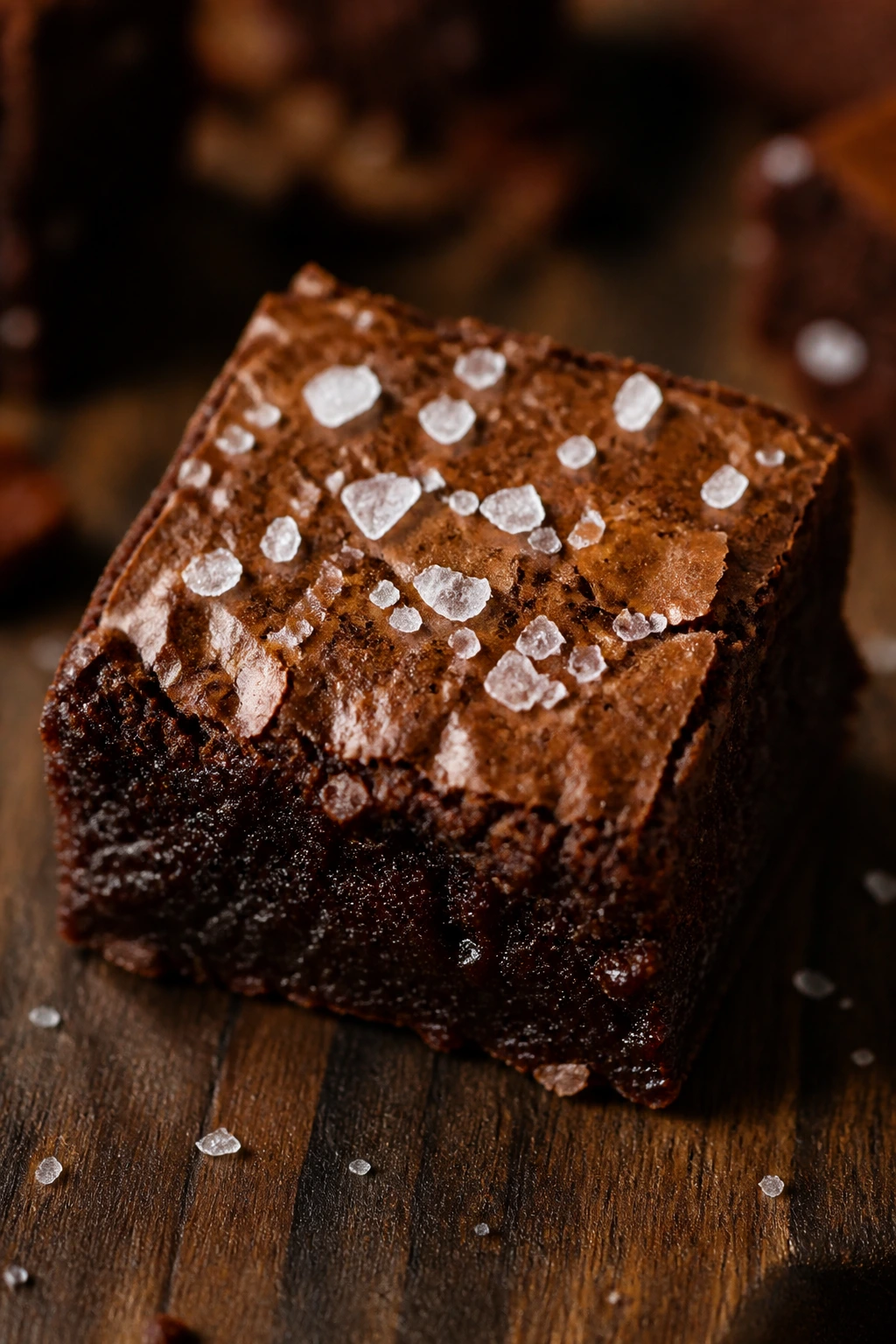 Brownie square with flaky sea salt on top on wooden board