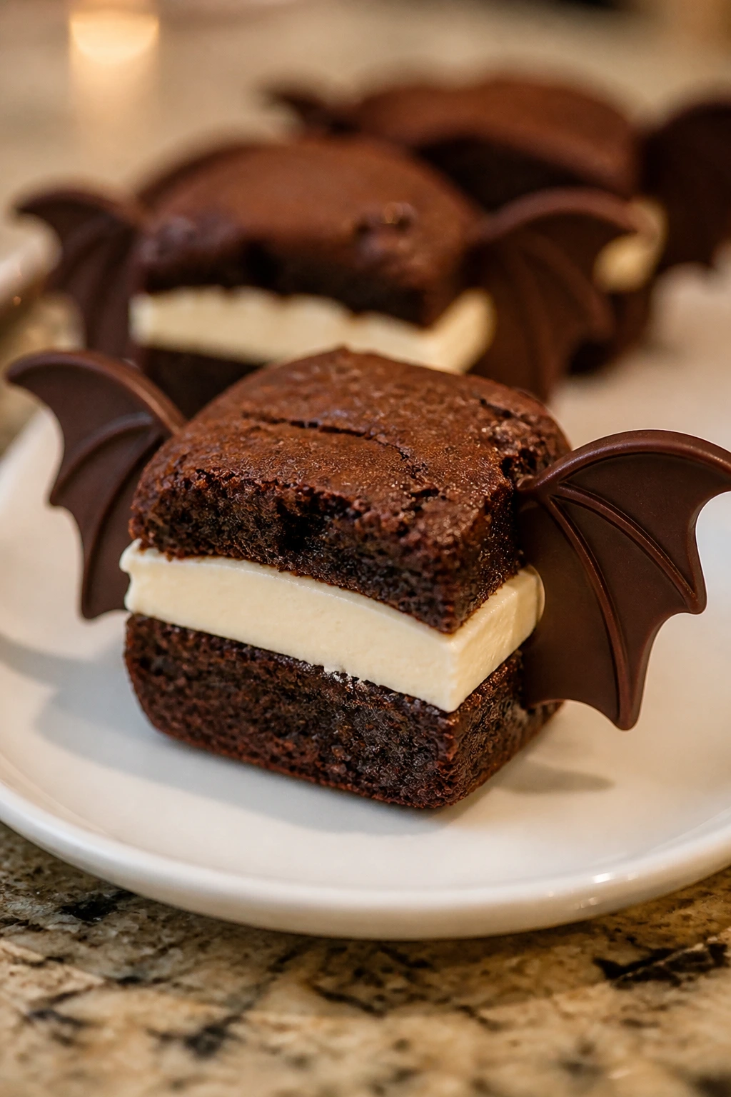 Close-up of a brownie sandwich bat treat with wings