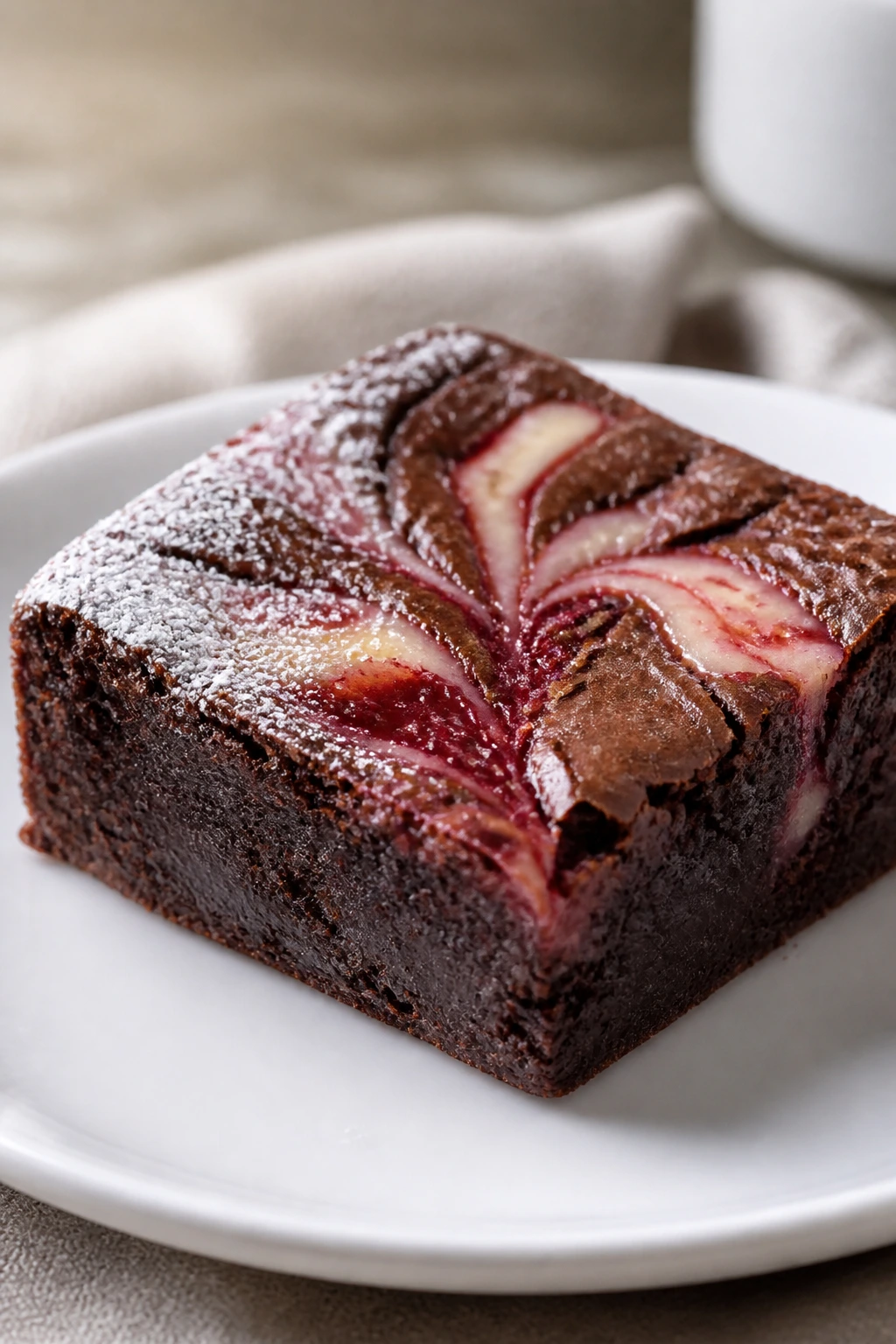Glossy brownie square on a plate with powdered sugar