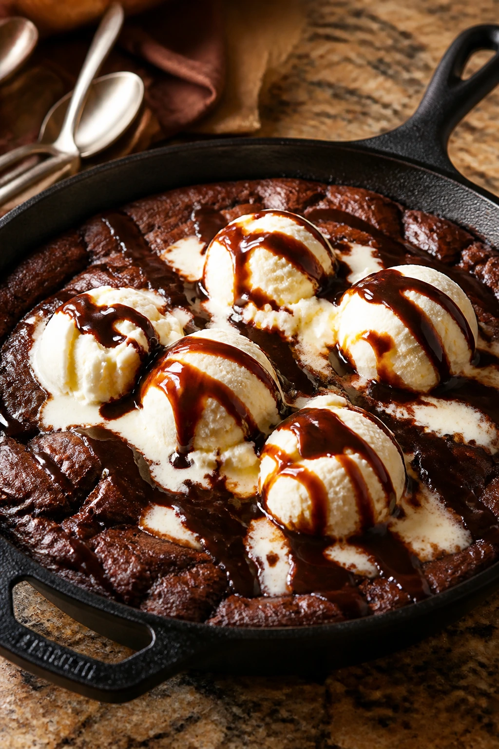 Close-up of brownie skillet sundae with ice cream and chocolate drizzle