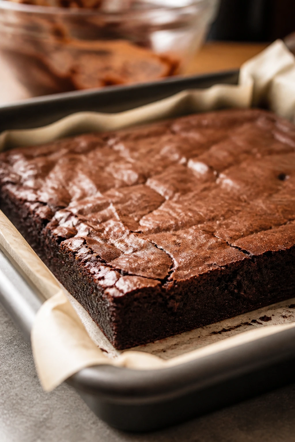 Thick brownie slab cooling in a pan