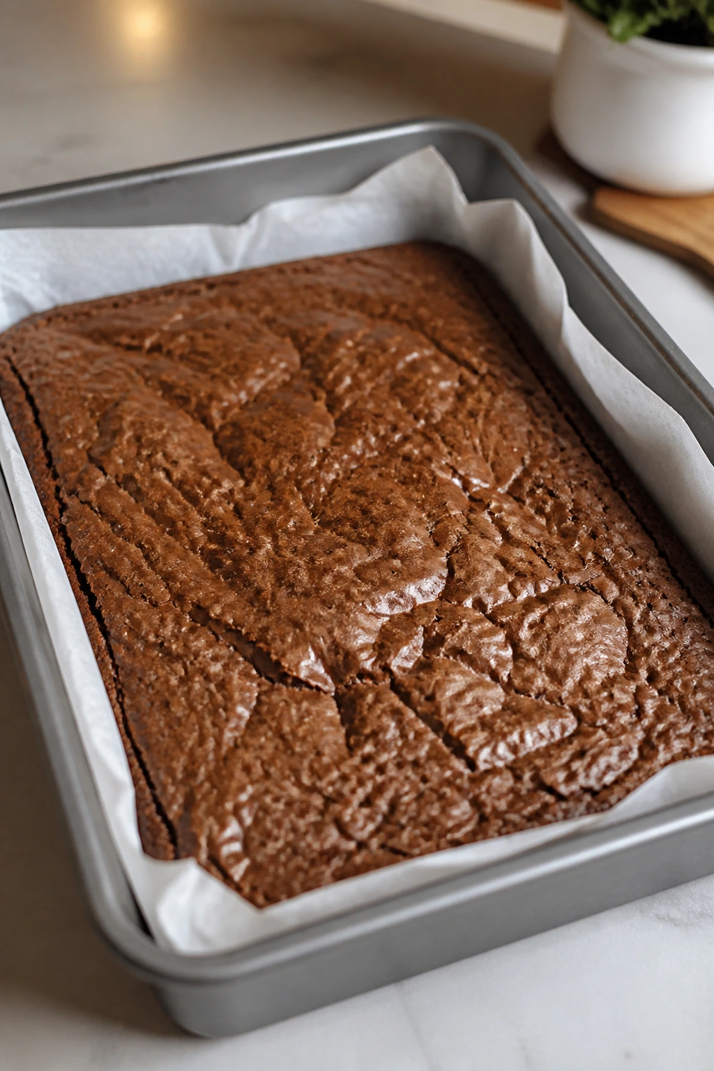 Thick brownie slab in lined pan with crackly top cooling on a kitchen counter