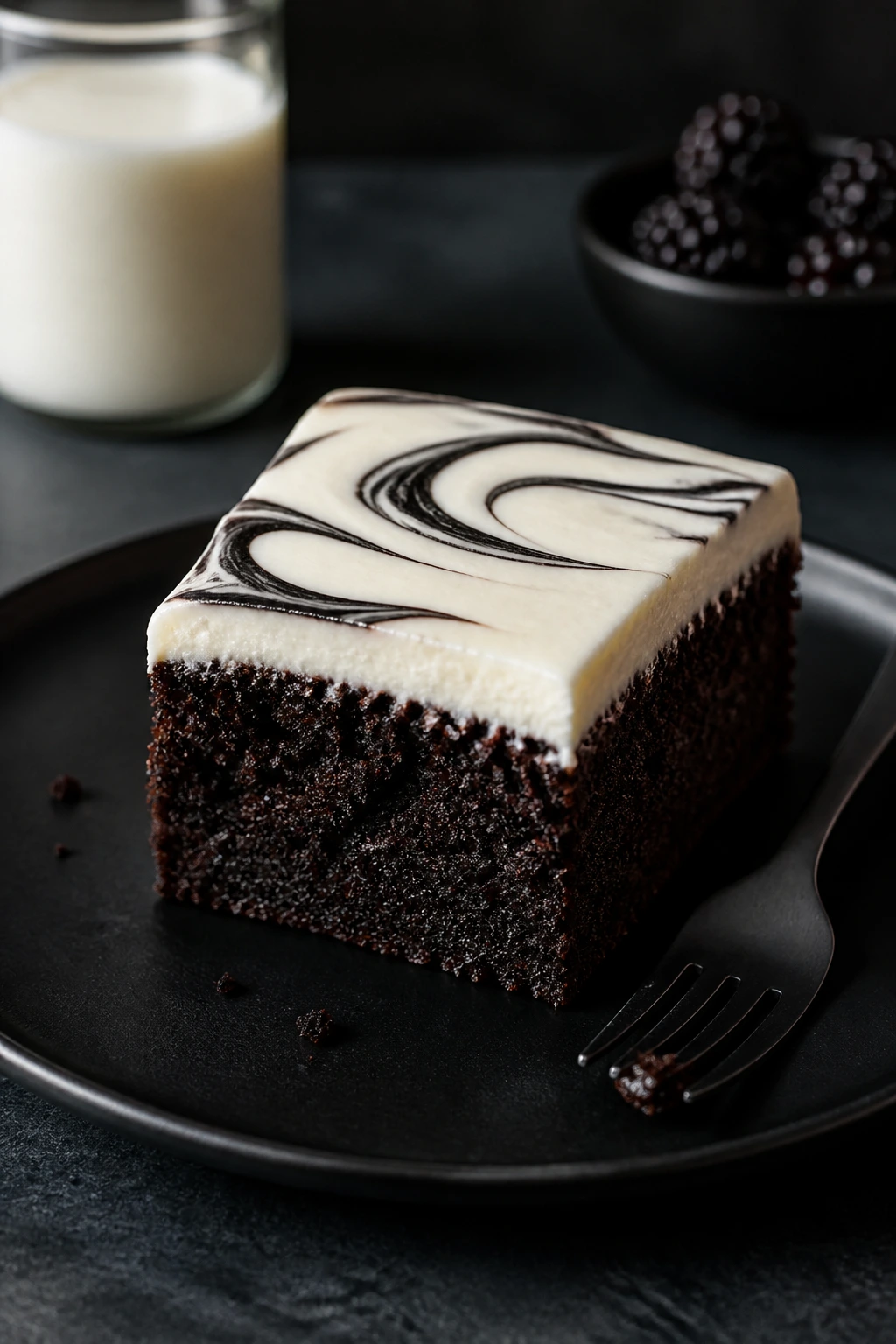 Neatly frosted brownie slice on plate