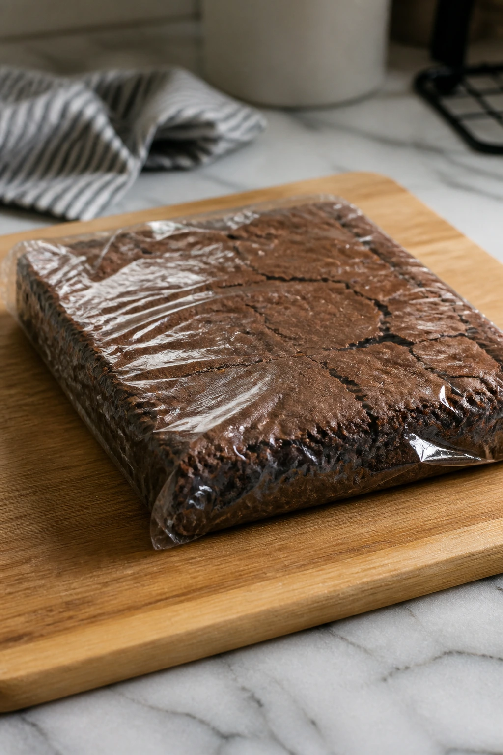 Plain undecorated brownie slab wrapped for storage on cutting board