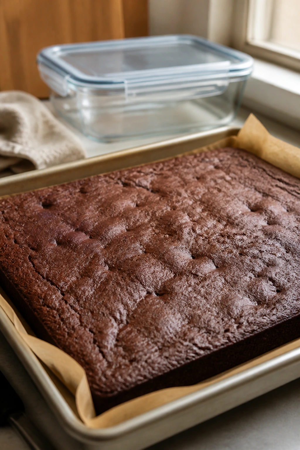 Brownie slab on parchment with storage container in background