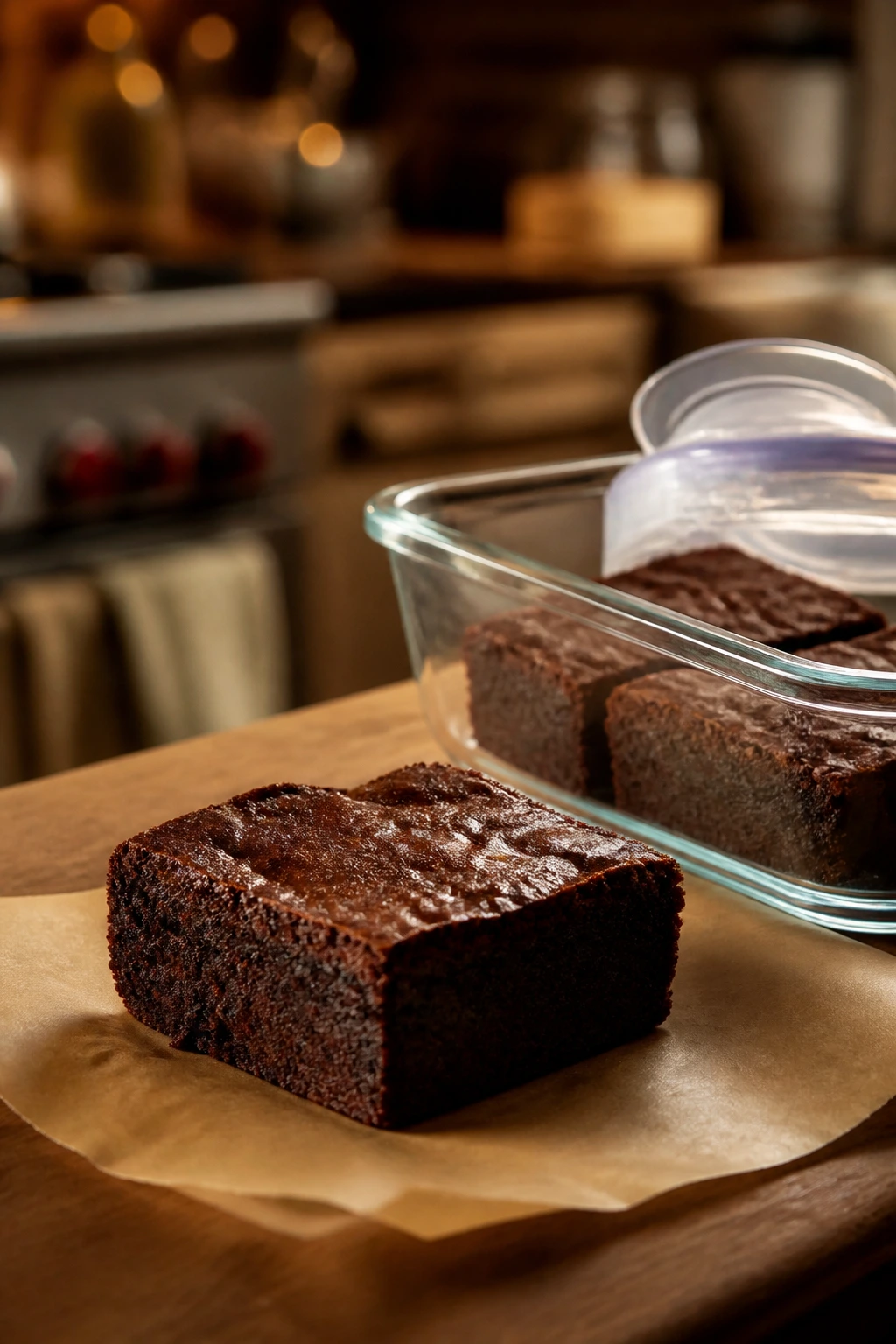 Undecorated brownie square with a storage container in a warm kitchen
