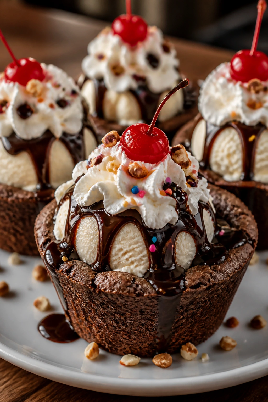 Brownie sundae cup with vanilla ice cream and fudge drizzle on a plate.