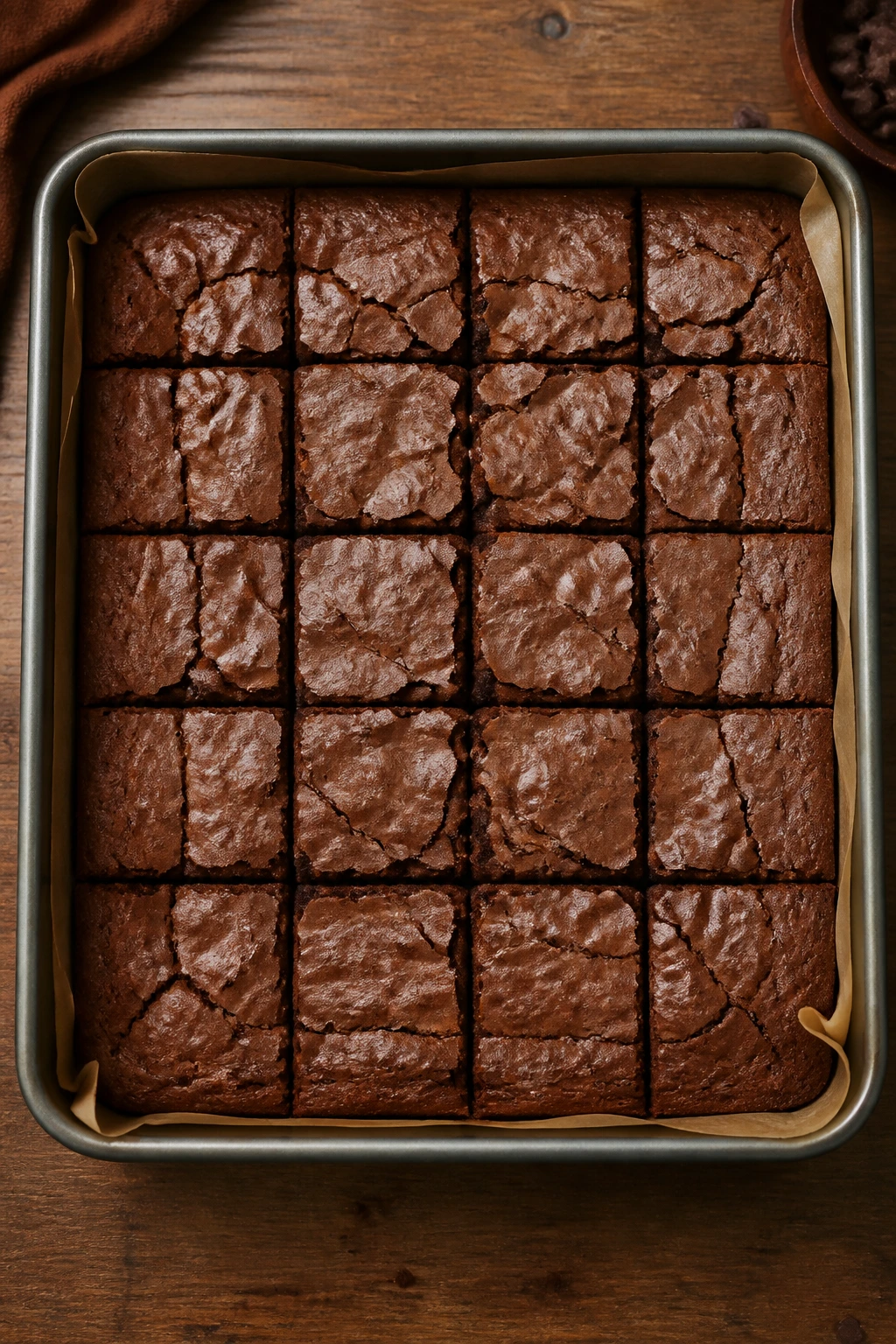 Top-down view of a brownie tin filled with fudgy brownies dominating the frame