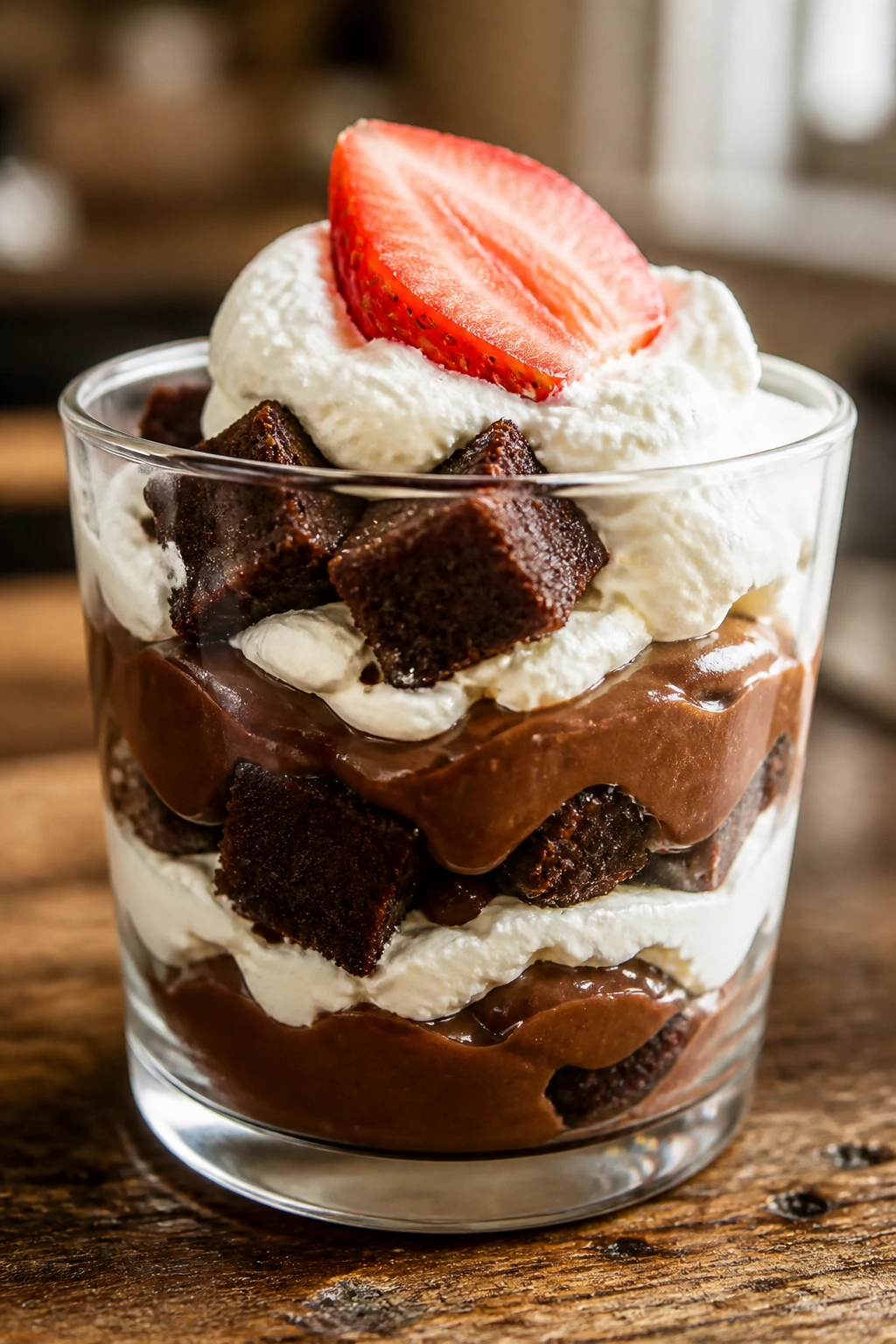 Close-up of a brownie trifle cup with layered brownie, pudding, whipped cream and strawberry.