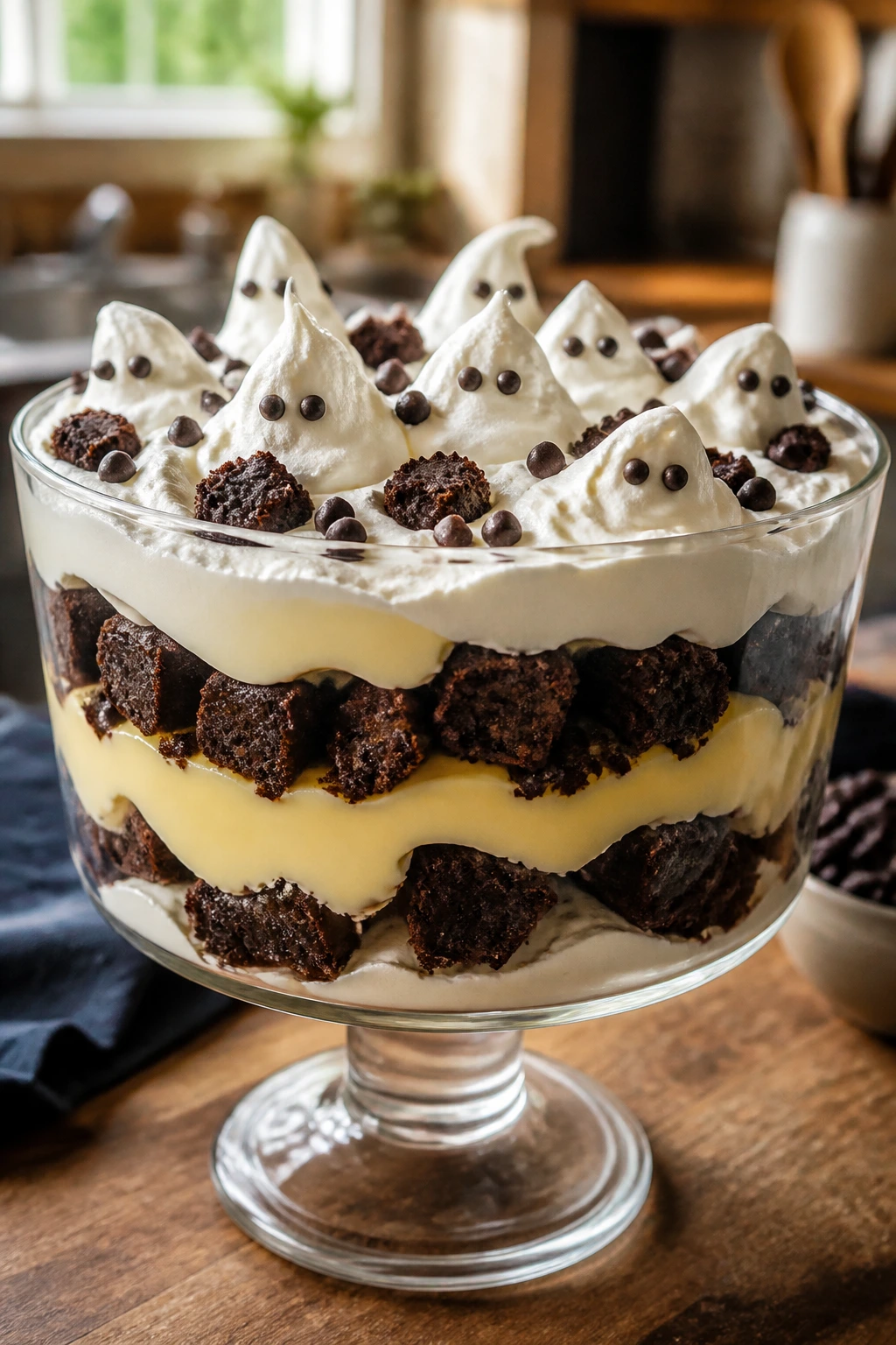 Close-up of Brownie Boo Trifle with brownie layers and ghostly marshmallow topping in a glass bowl