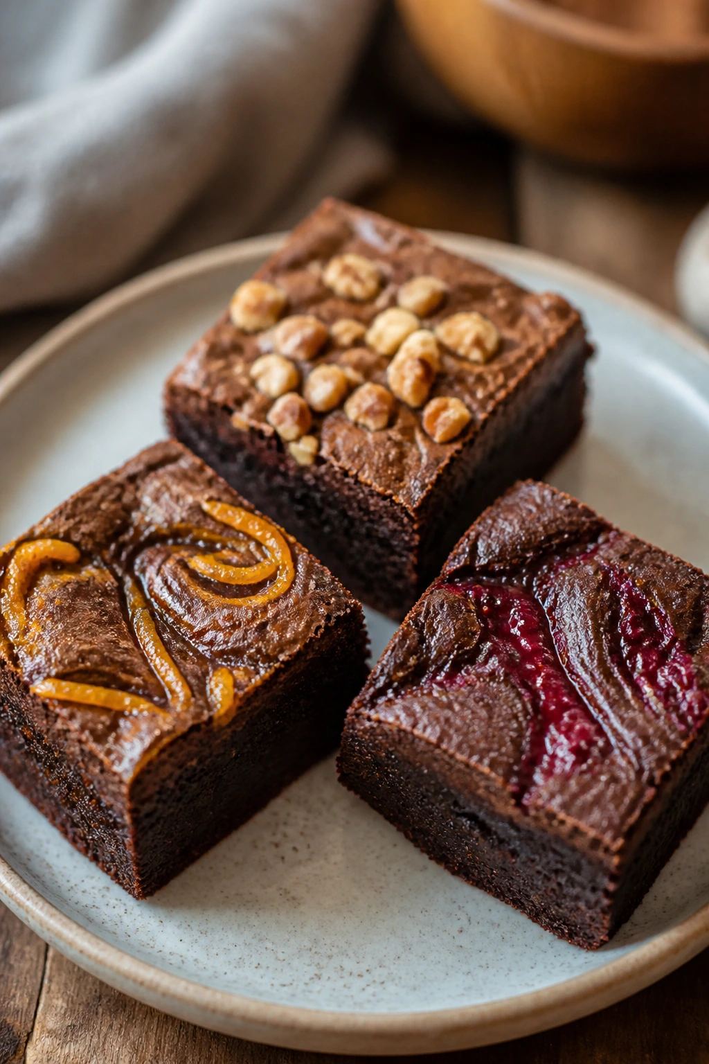 Three mini fudgy brownies with different add-ins