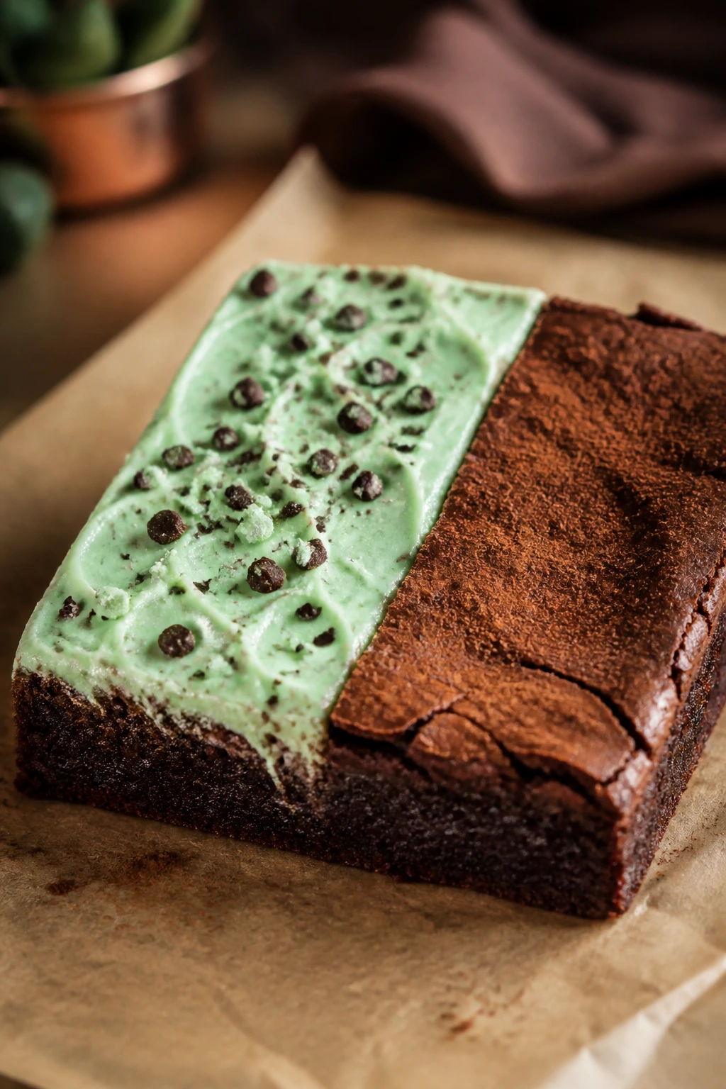 Brownie bar showing two variations: mint-topped half and plain half