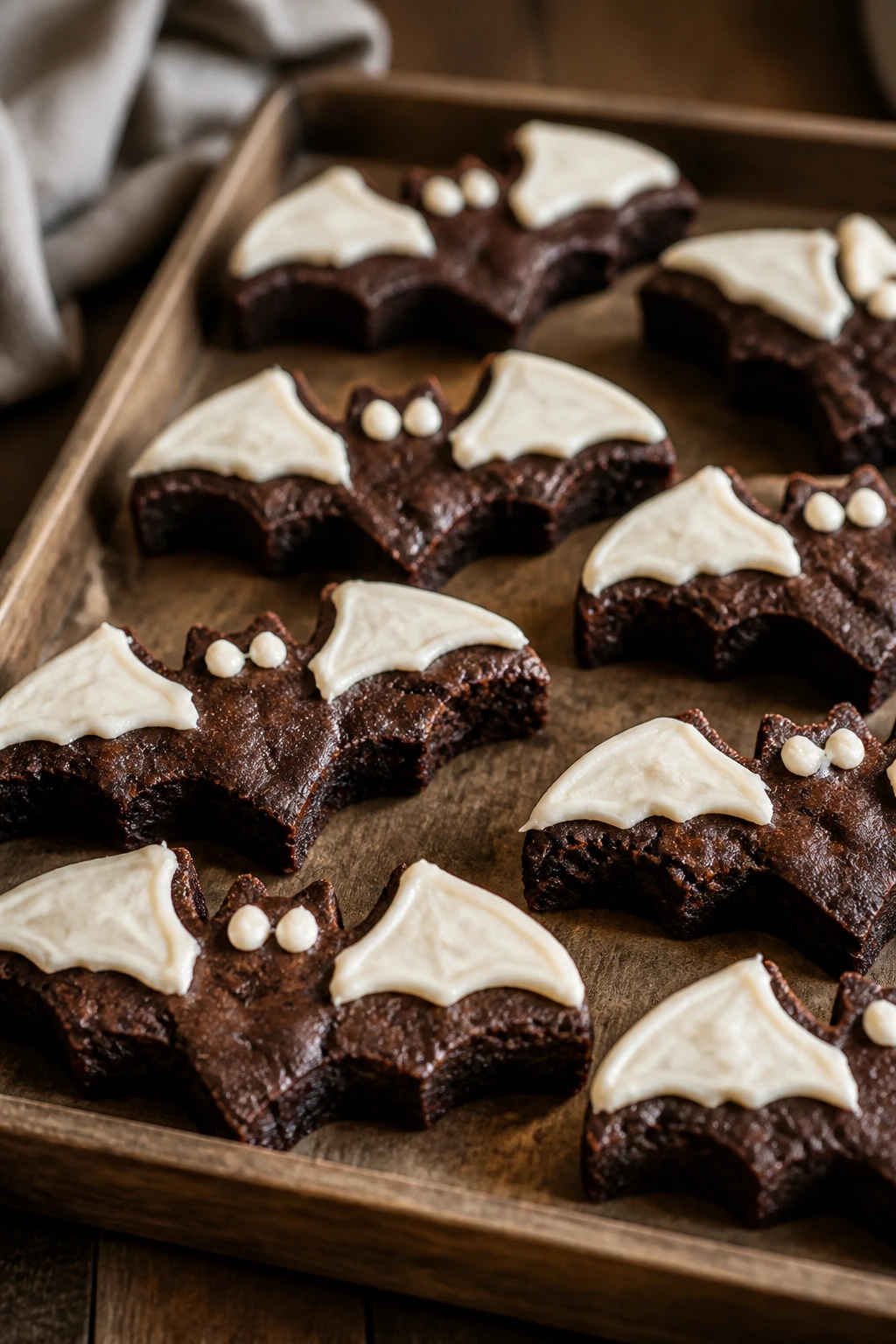 Close-up of bat-shaped brownies on a wooden tray