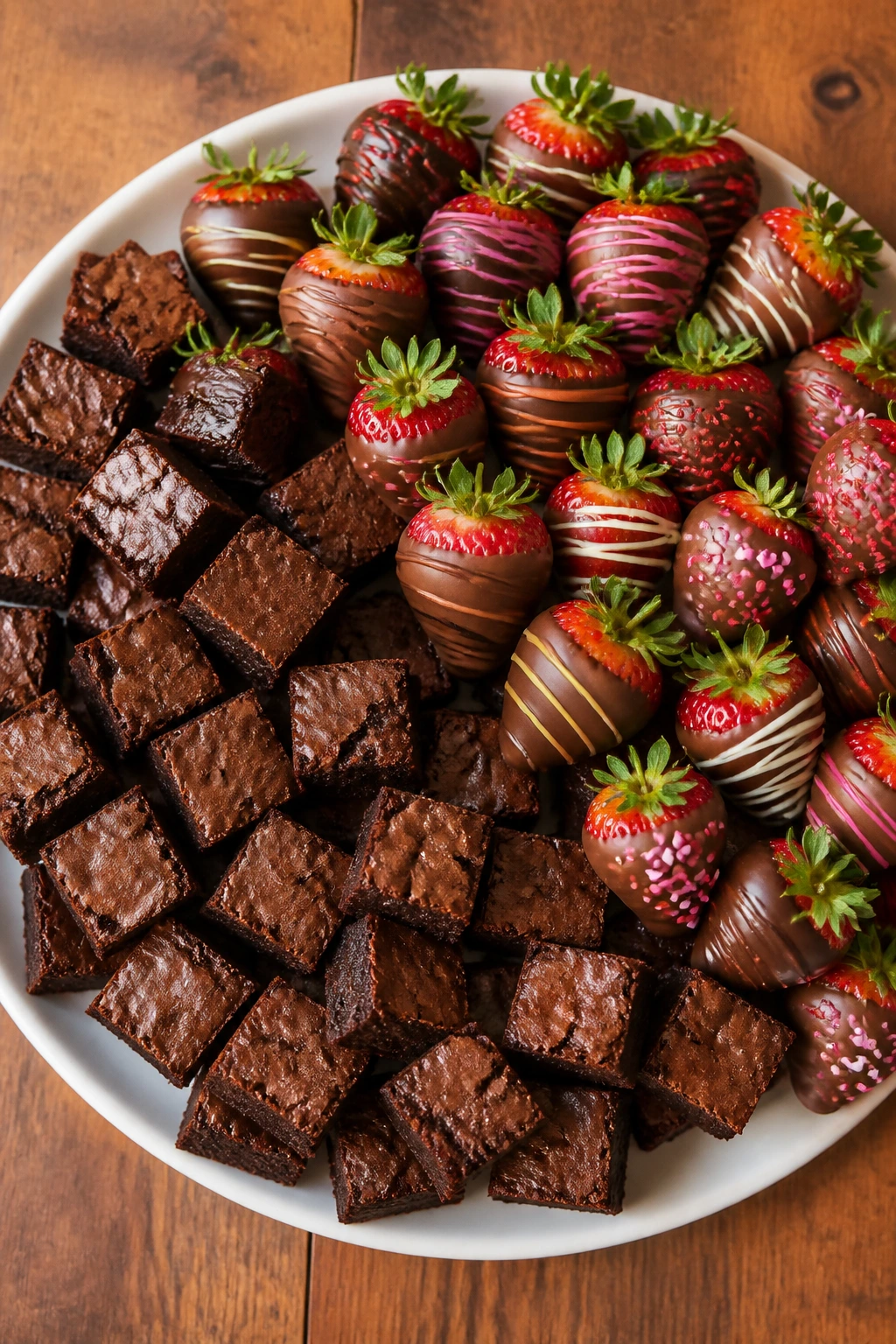 Assorted brownie bites with chocolate-dipped strawberries on a platter