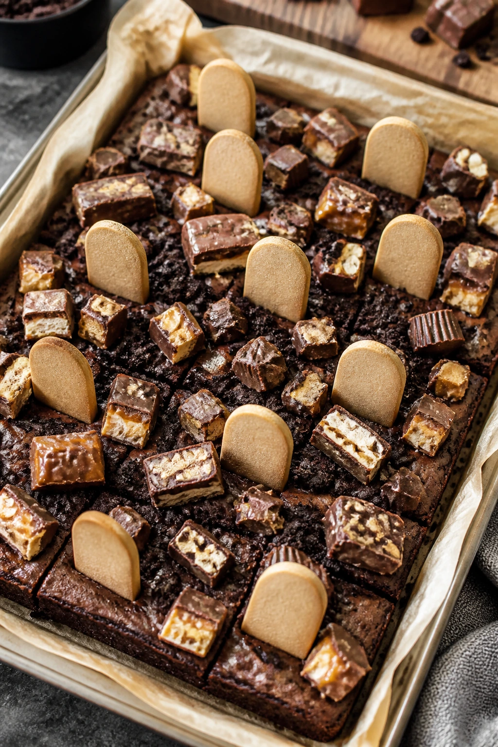 Candy bar overload graveyard brownies with cookie tombstones on top in a kitchen