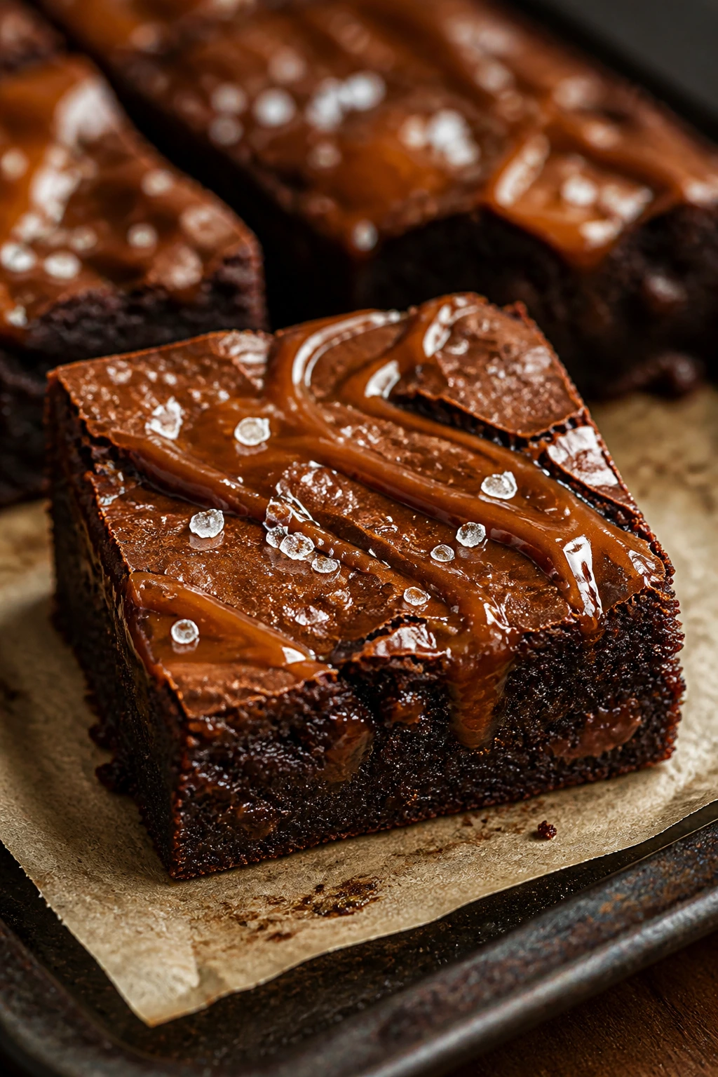 Close-up of caramel ribbon brownie with flaky salt