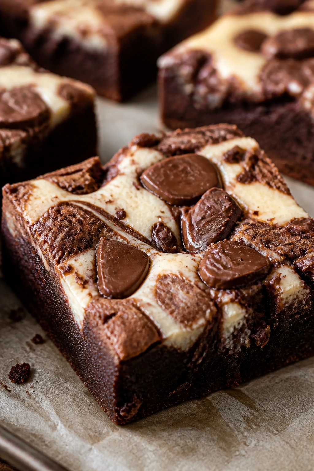 Brownie square with cheesecake swirl and chopped chocolate bunny pieces