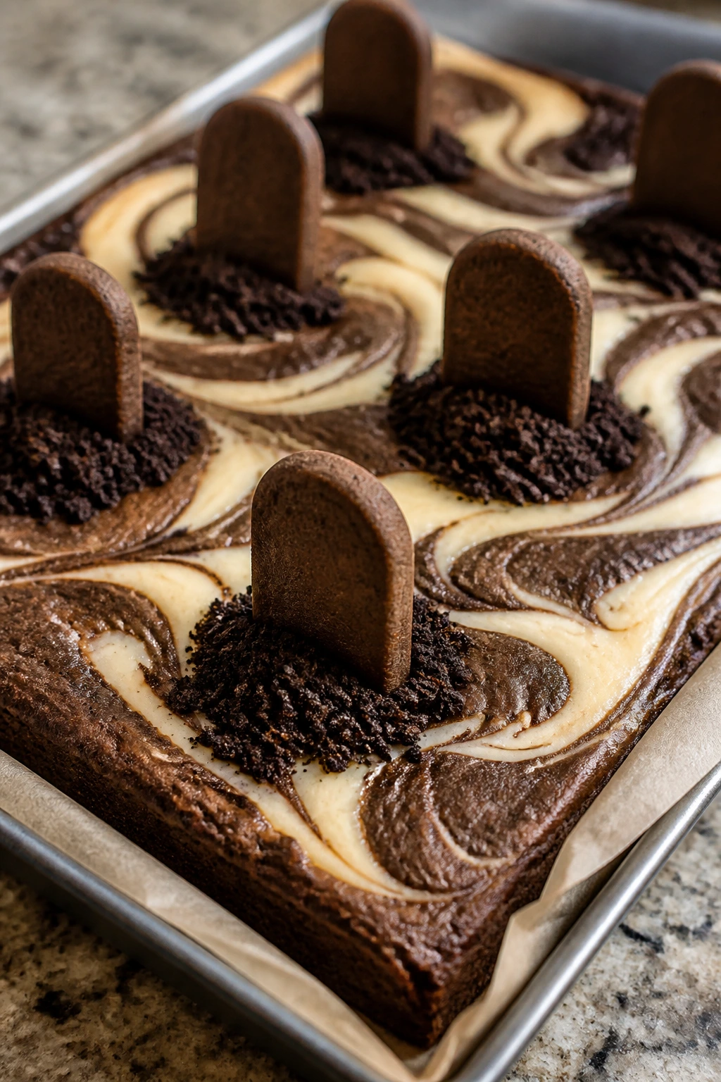 Close-up of Cheesecake Swirl Graveyard Brownies with cheesecake swirl and tombstone cookies