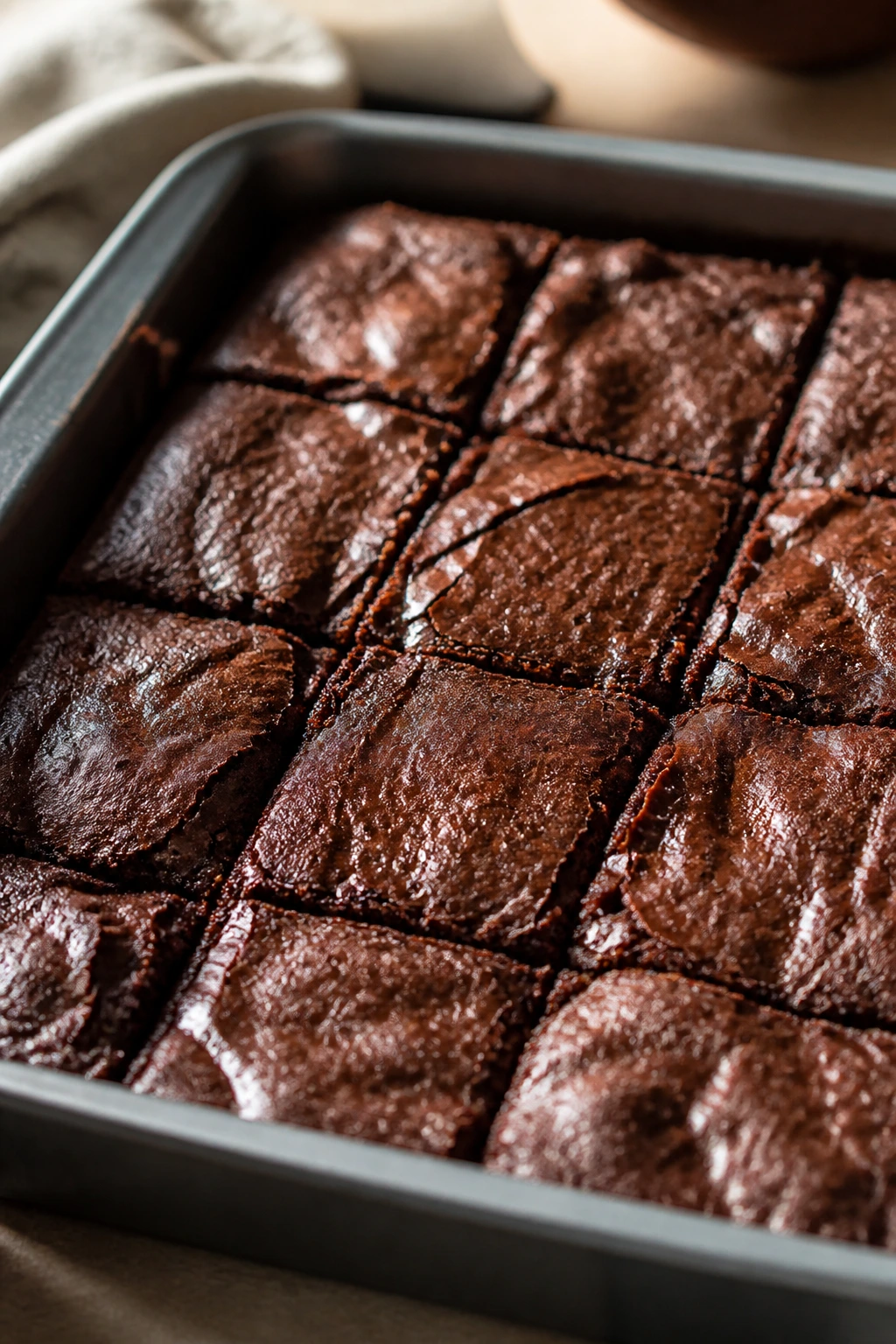 Close-up of fudgy cocoa brownies in an 8x8 pan