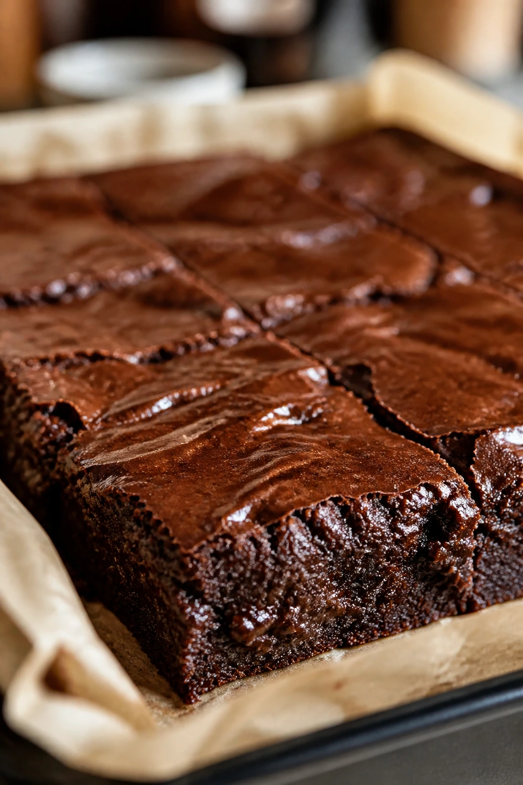 Close-up of a classic cocoa brownie slab with chewy edges