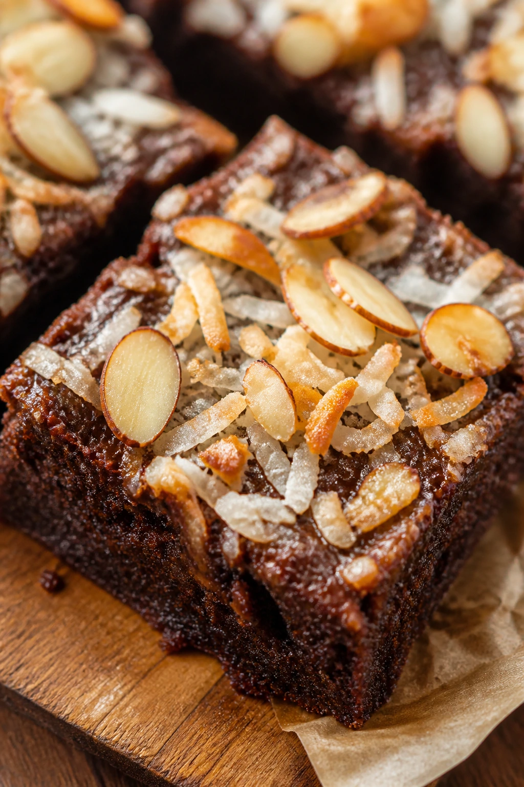 Close-up of coconut and almond brownie with toasted almond slices and coconut