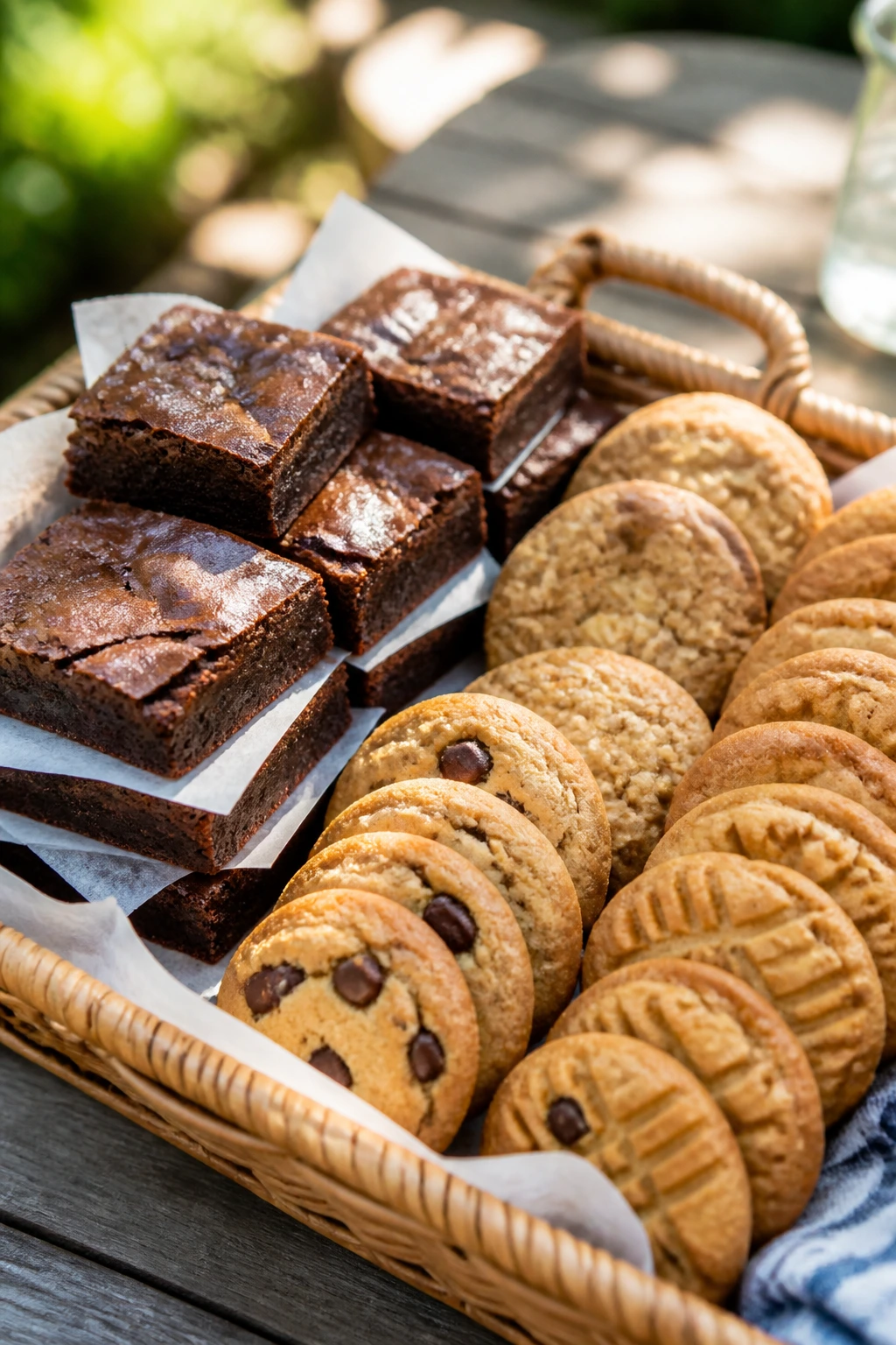 Brownie and cookie dessert basket on an outdoor table
