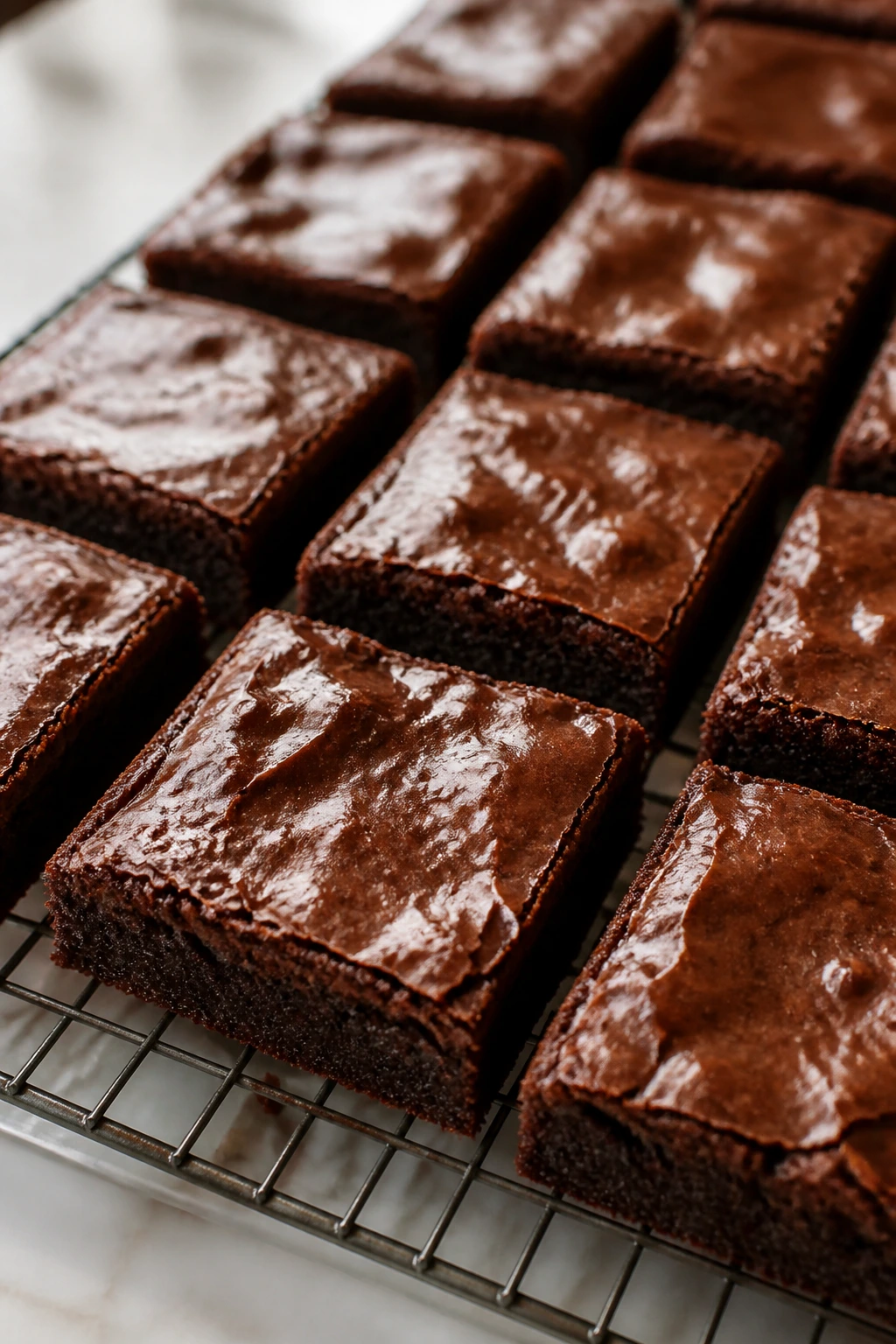 Fresh brownies cooling on a wire rack