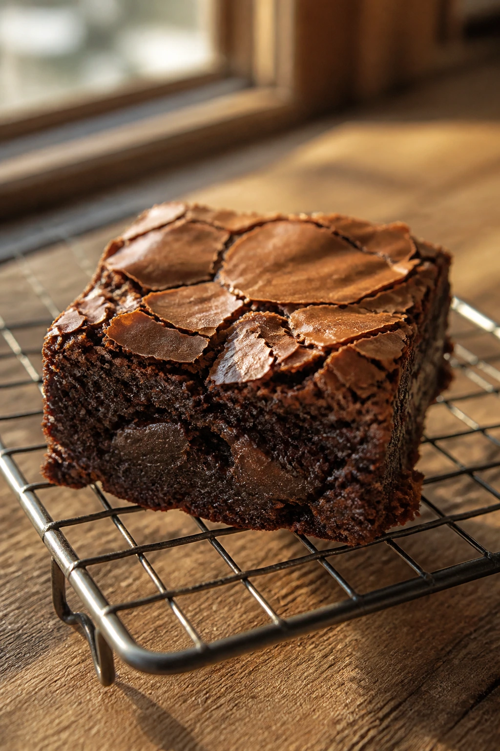 Close-up of a brownie with crackly top on a cooling rack in a warm kitchen
