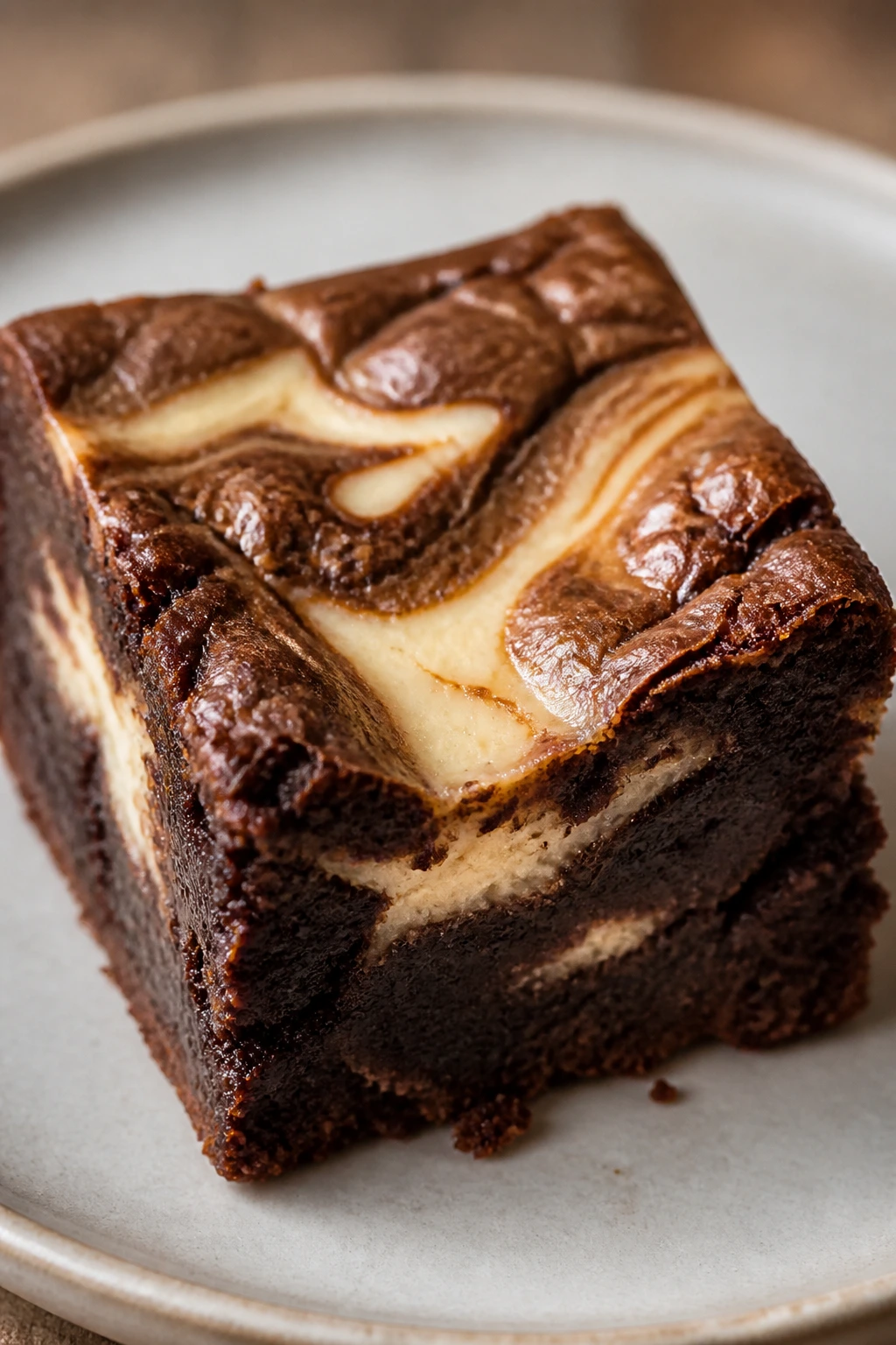 Fudgy brownie with cream cheese swirl and browned butter shine