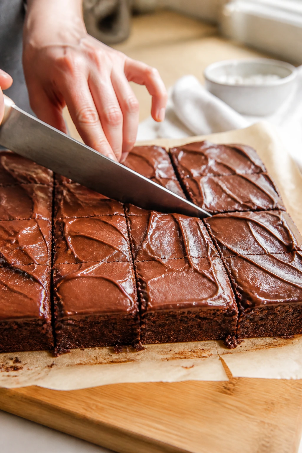 Close-up of finished brownies being sliced on a wooden cutting board in a kitchen