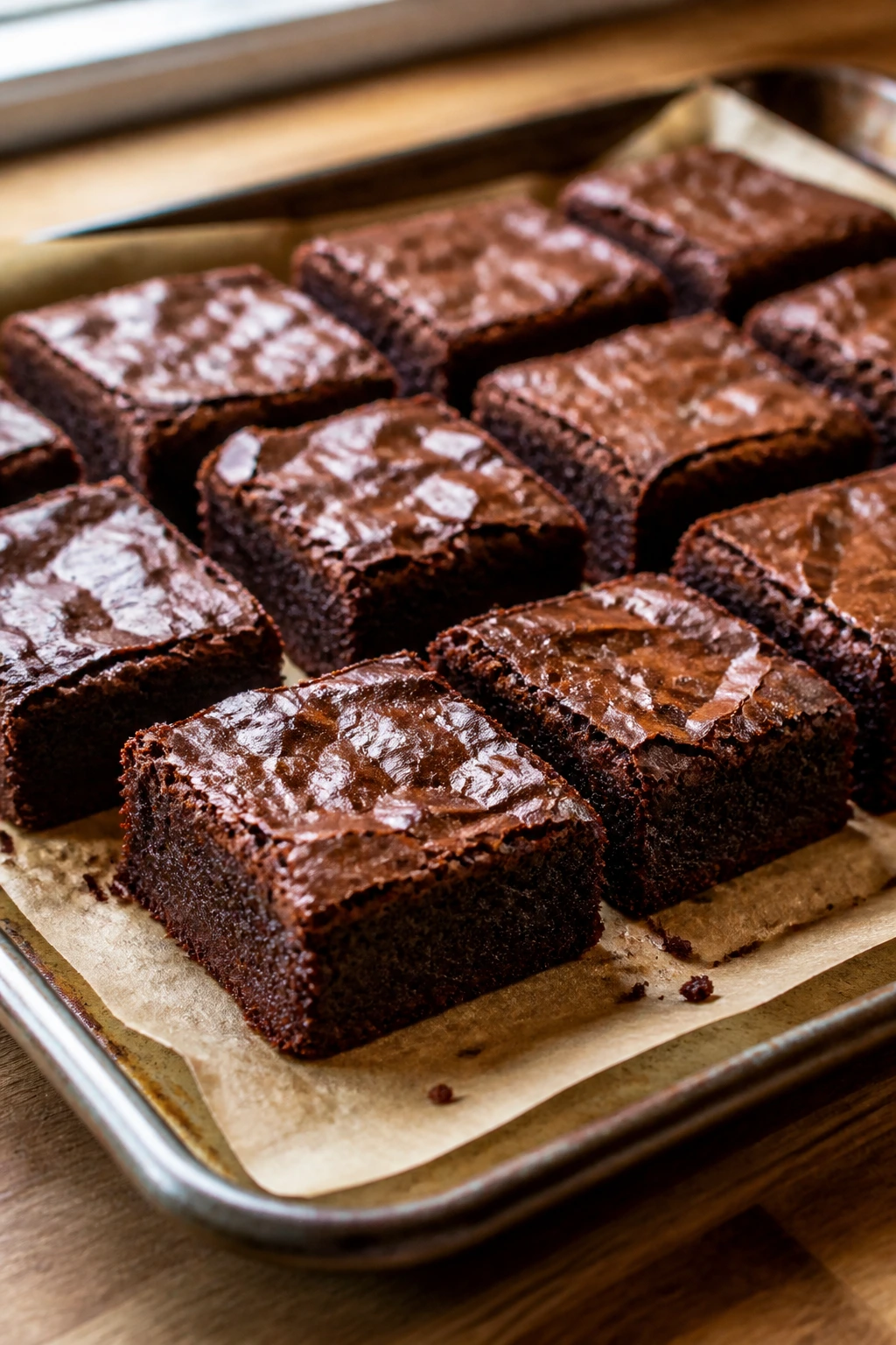 Close-up of neatly cut glossy brownie squares on parchment on wooden counter