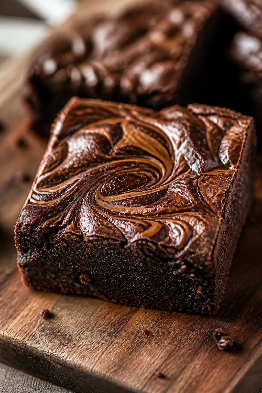 Brownie with espresso swirl on glossy surface