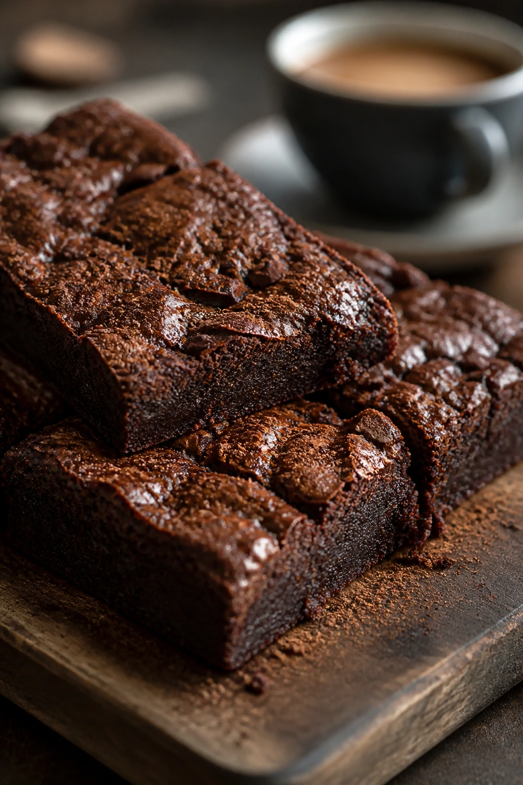 Dense espresso brownie slab with glossy surface