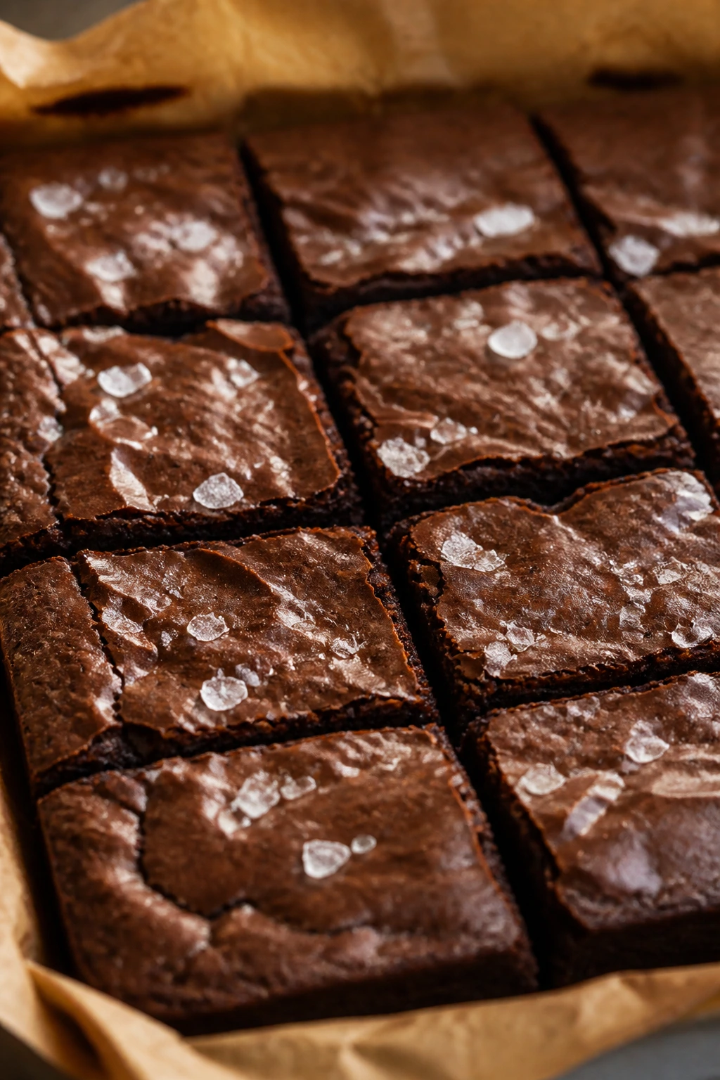 Fudgy brownies with flaky salt, sliced into squares.