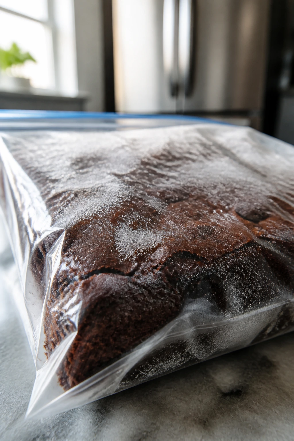 Brownie sealed in a clear freezer bag on a kitchen counter