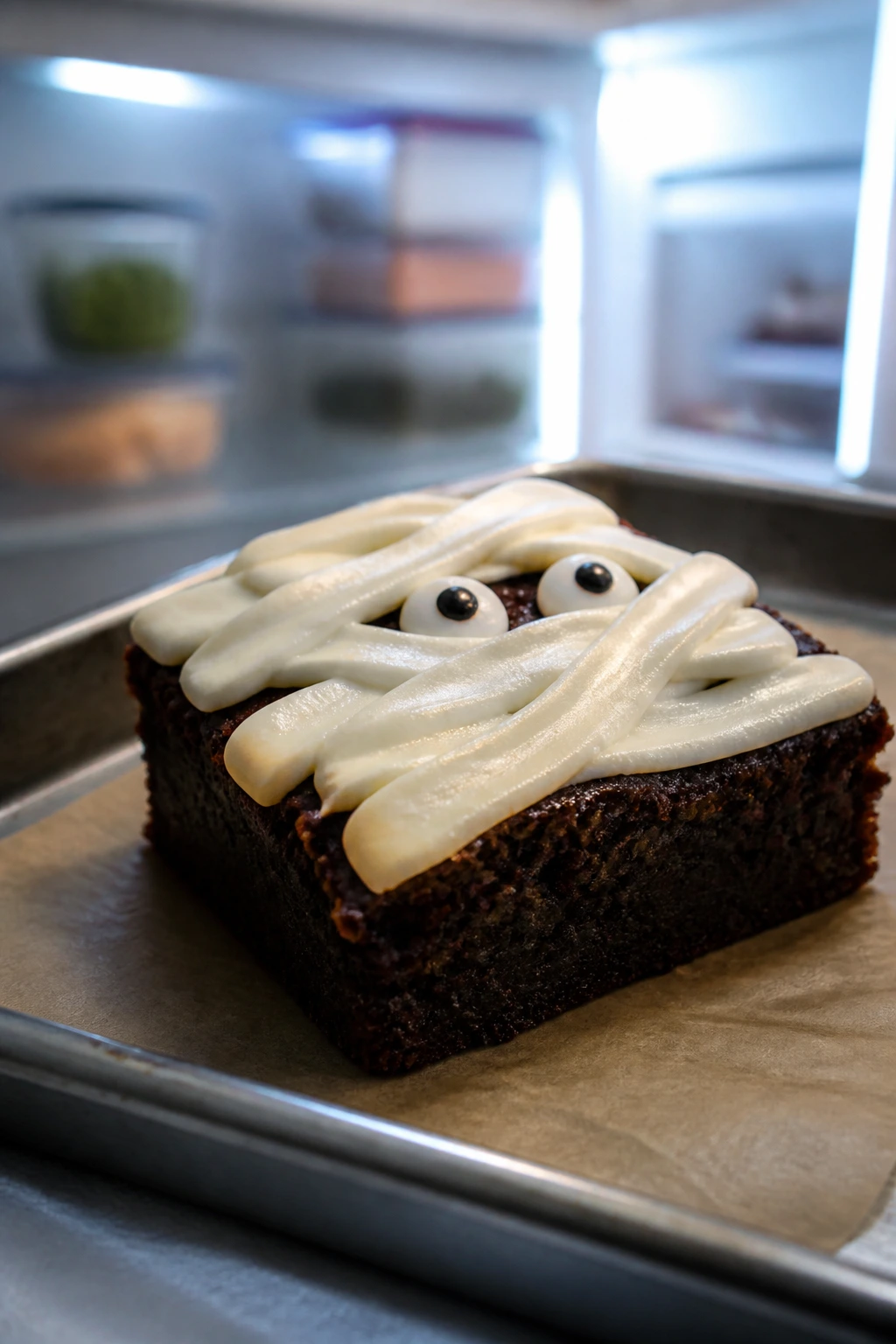 Close-up of frosted brownie square with cream cheese frosting