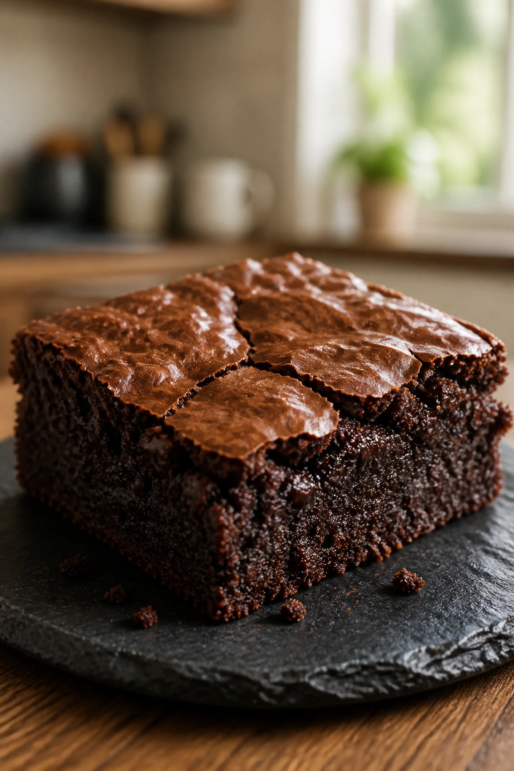 Thick fudgy brownie with crackly top on slate plate