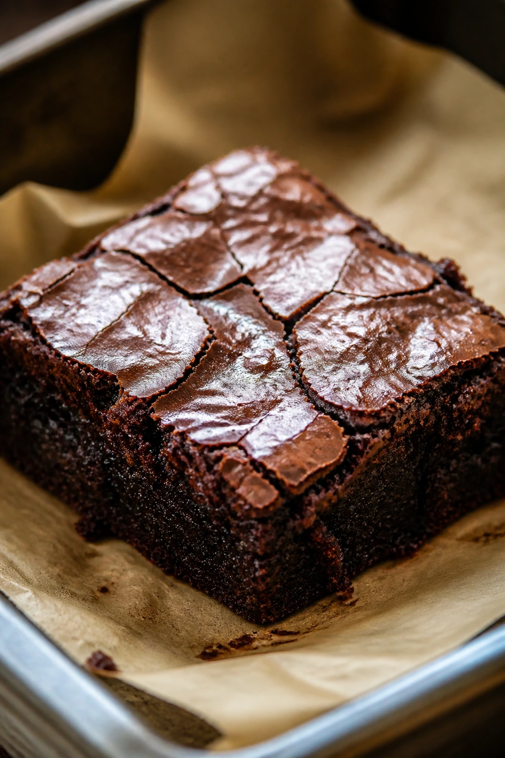 Close-up of glossy cocoa crinkle brownie square on parchment